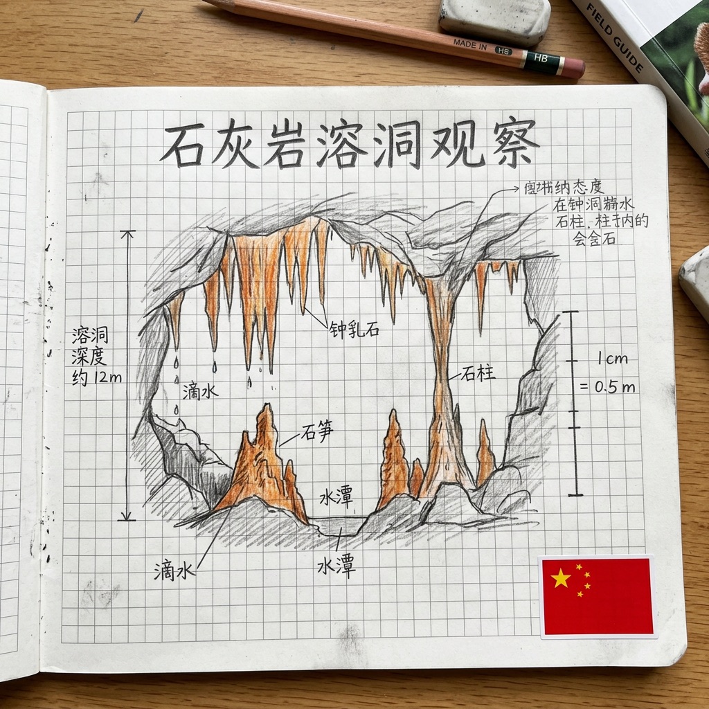 贵州喀斯特营员作品 — 溶洞钟乳石形态观察手绘图